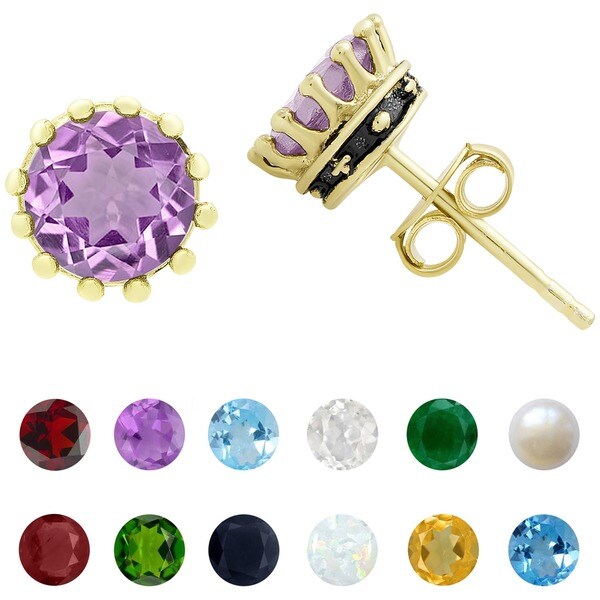 Dolce Giavonna Gold over Sterling Silver Gemstone Birthstone Crown Stud Earrings