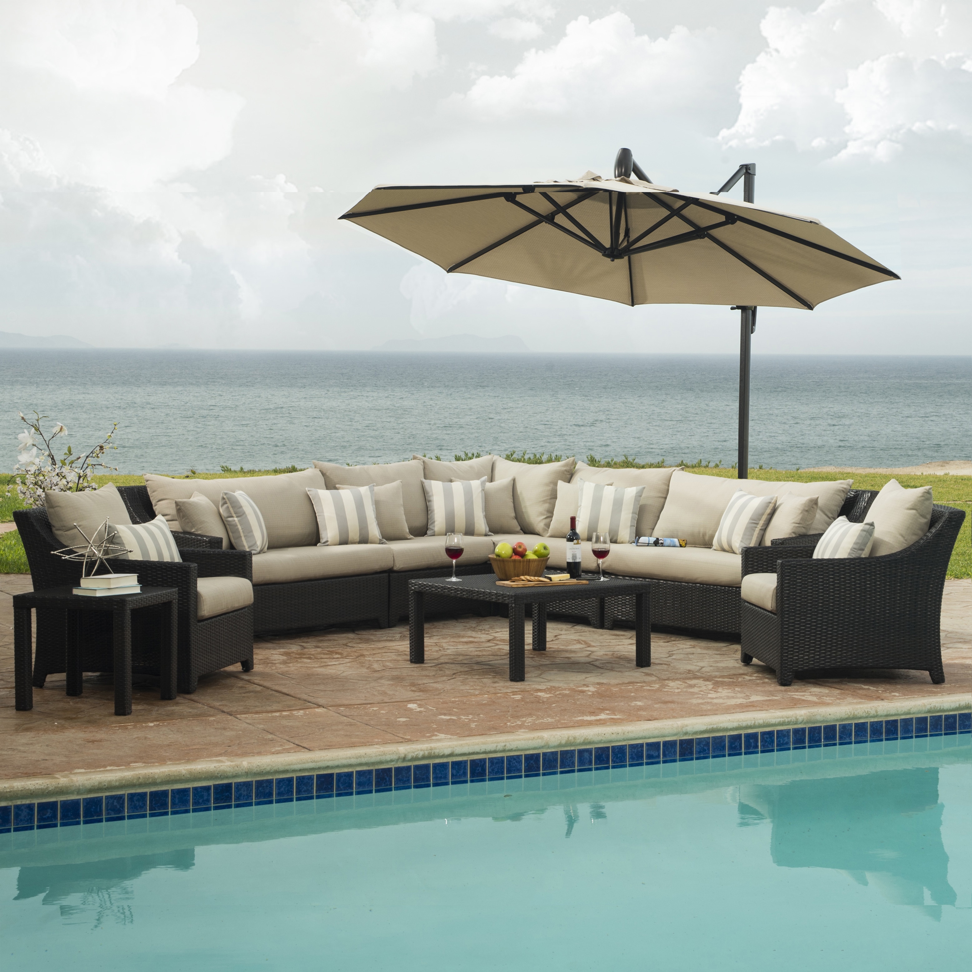 Shop Black Friday Deals On Deco Slate Grey Outdoor Sectional And Club Set With Umbrella 9 Piece Set Overstock 11547781