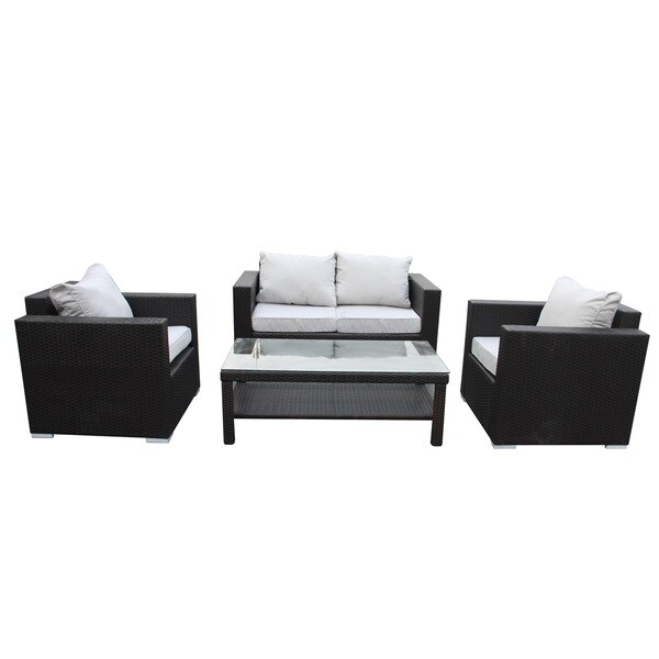 Modern Dark Brown Cushioned Wicker Loveseat Chairs And Coffee Table Outdoor 4 Piece Set