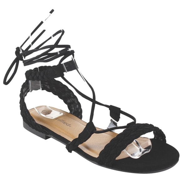 black ankle tie flat sandals