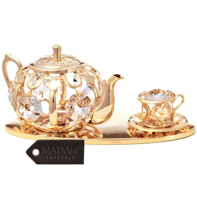 24k Goldplated Tea Set Ornament Made with Genuine Matashi Crystals