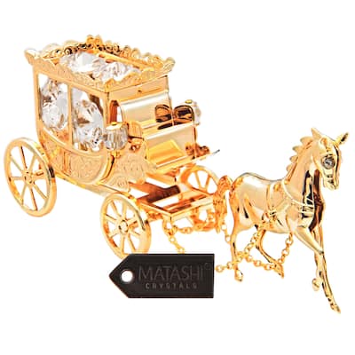 24k Goldplated Highly Polished Horse Drawn Carriage Ornament Made with Genuine Matashi Crystals