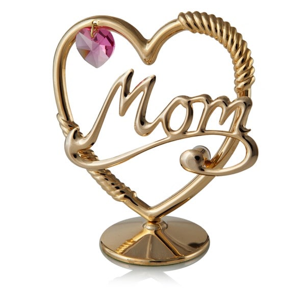 24k Goldplated Mom in a Heart Table Top Ornament Made with Genuine Pink Matashi Crystals