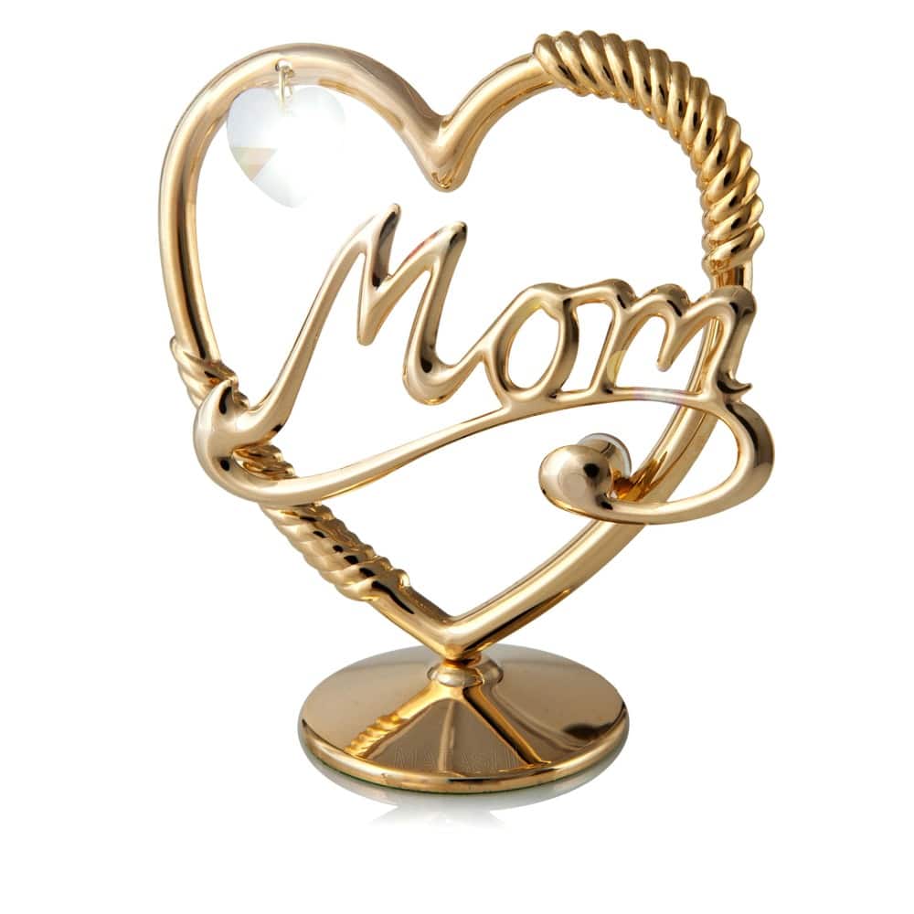 24k Goldplated Mom in a Heart Table Top Ornament Made with Genuine Matashi Crystals - 3.5 inches