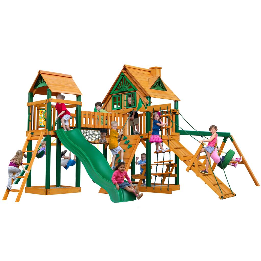 Gorilla Playsets Pioneer Peak Treehouse Cedar Swing Set with Fort Add-On and Timber Shield Posts