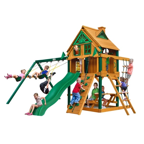 Gorilla Playsets Chateau Treehouse Cedar Swing Set with Fort Add-On and Timber Shield Posts