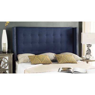 SAFAVIEH Keegan Navy Linen Upholstered Tufted Wingback Headboard (Full)