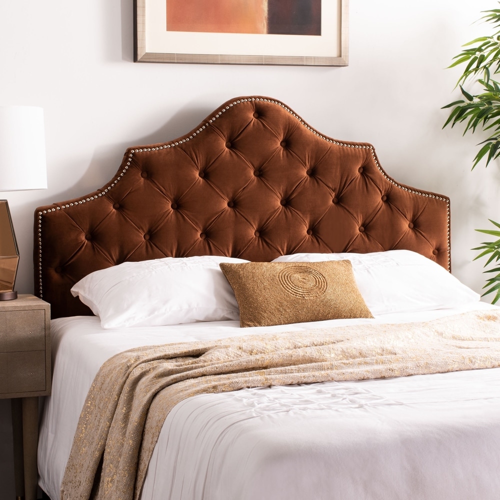 SAFAVIEH Arebelle Chocolate Velvet Queen Upholstered Tufted Headboard with Silver Nailhead