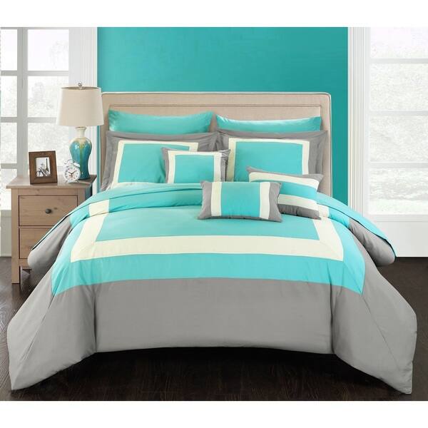 Chic Home Darren Turquoise Grey White 10 Piece Bed In A Bag Chic Home Darren Turquoise Grey White