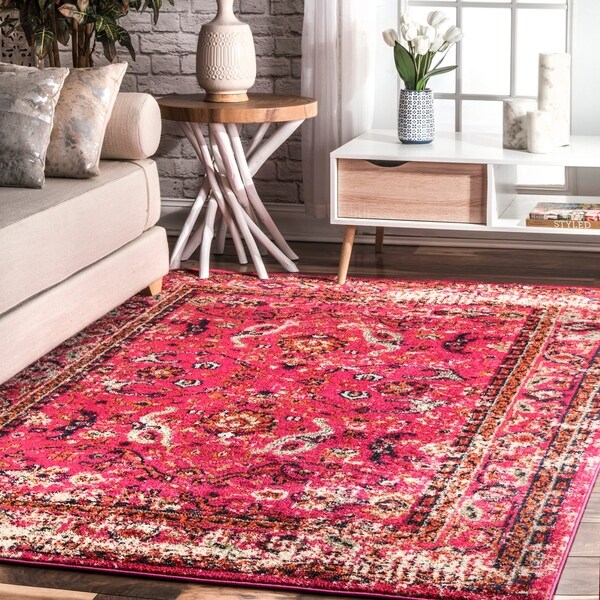 nuLOOM Pink Traditional Vintage Floral Distressed Area Rug