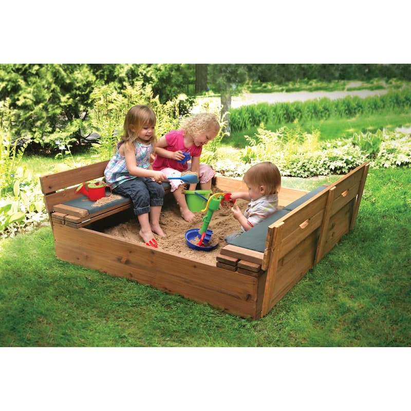 Badger Basket Covered Cedar Sandbox with Benches and Seat Pads - 46.5 inches L x 46.5 inches W x 9.5 inches H