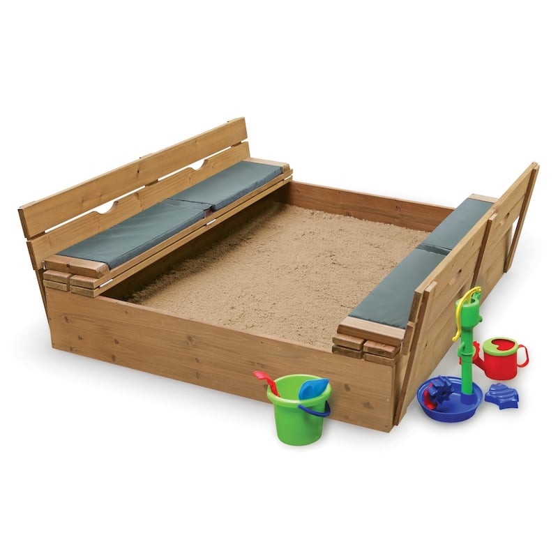 Badger Basket Covered Cedar Sandbox with Benches and Seat Pads - 46.5 inches L x 46.5 inches W x 9.5 inches H