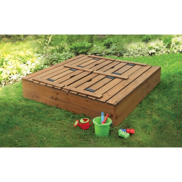 slide 2 of 10, Badger Basket Covered Cedar Sandbox with Benches and Seat Pads - 46.5 inches L x 46.5 inches W x 9.5 inches H