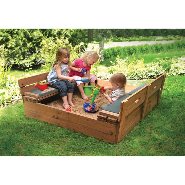 Badger Basket Covered Convertible Cedar Sandbox with Two Bench Seats and Seat Pads