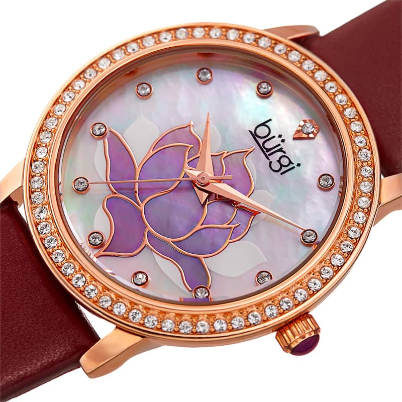 Burgi Women's Quartz Crystal Lotus Leather Strap Watch - Red