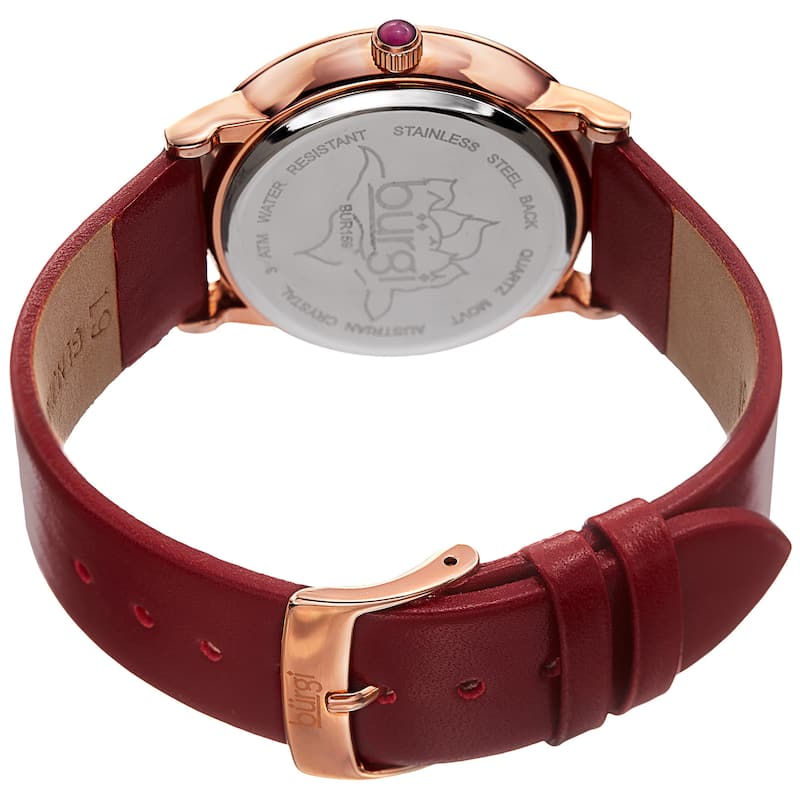 Burgi Women's Quartz Crystal Lotus Leather Strap Watch - Red