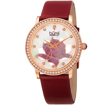 Burgi Women's Quartz Crystal Lotus Leather Strap Watch - Red