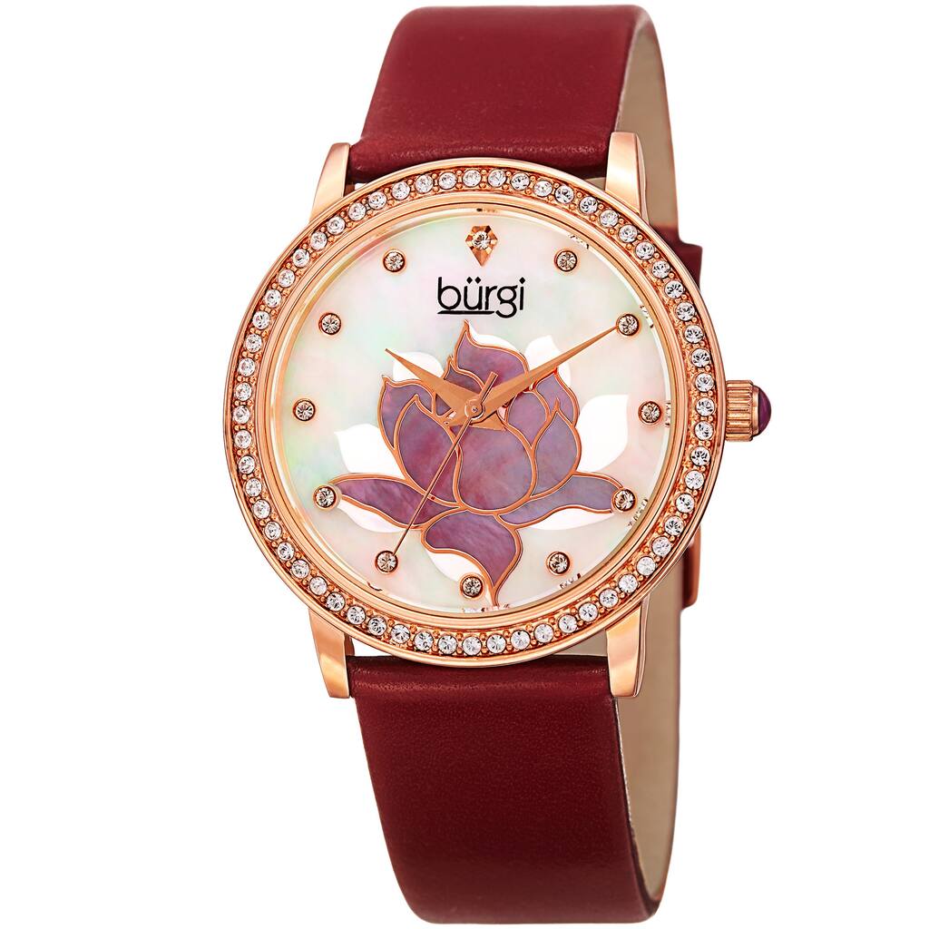 Burgi Women's Quartz Crystal Lotus Leather Strap Watch - Red