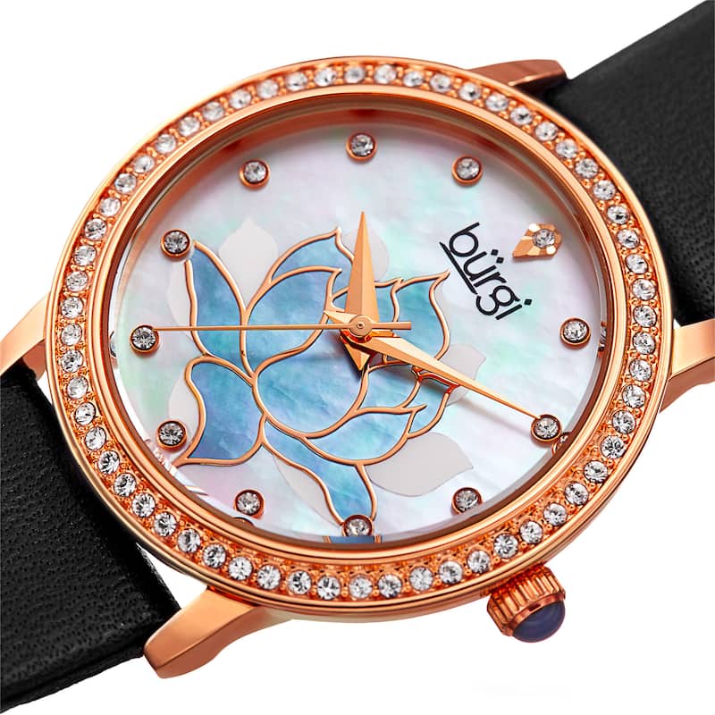 Burgi Women's Quartz Crystal Lotus Leather Black Strap Watch