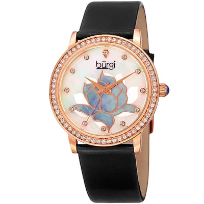 Burgi Women's Quartz Crystal Lotus Leather Black Strap Watch