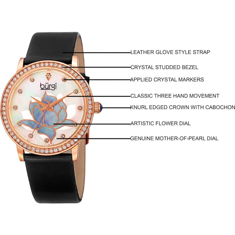 Burgi Women's Quartz Crystal Lotus Leather Black Strap Watch