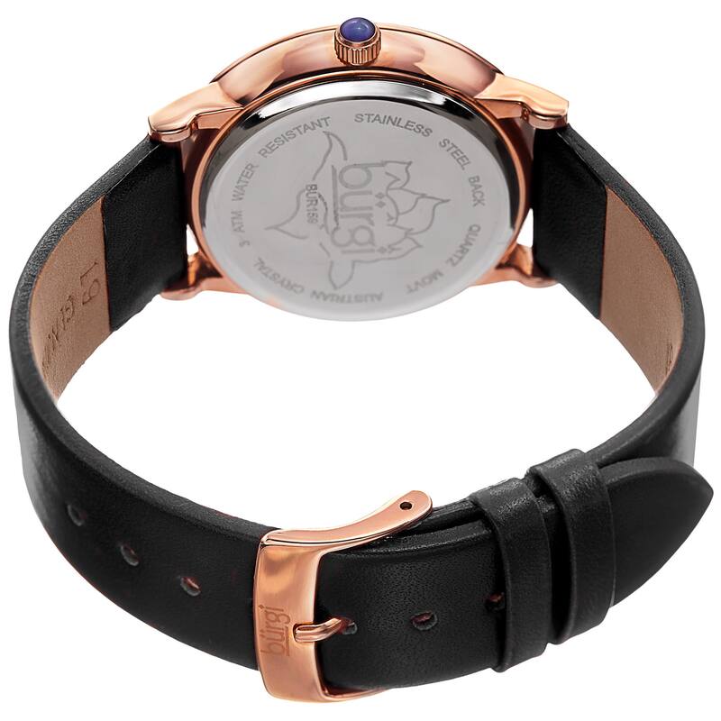 Burgi Women's Quartz Crystal Lotus Leather Black Strap Watch