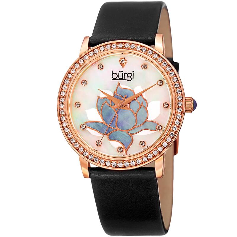 Burgi Women's Quartz Crystal Lotus Leather Black Strap Watch