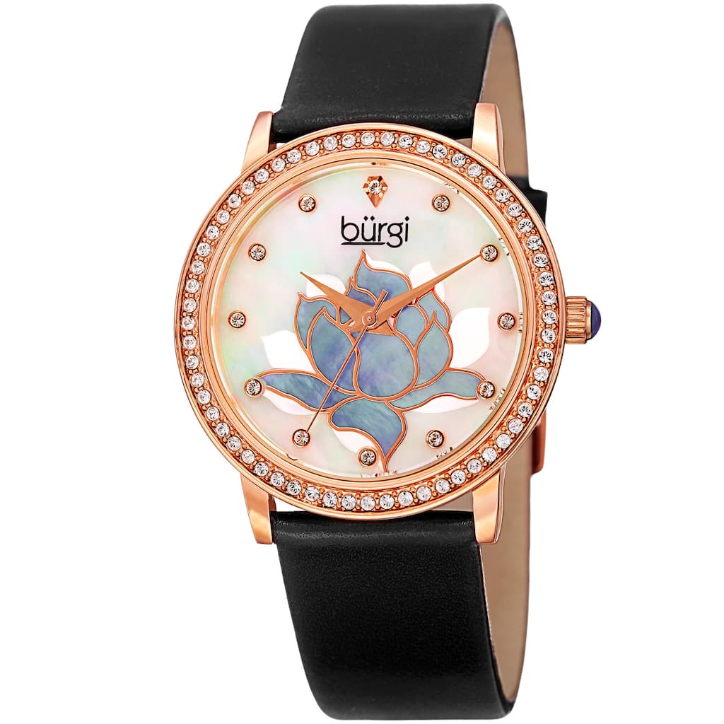 Burgi Women's Quartz Crystal Lotus Leather Black Strap Watch