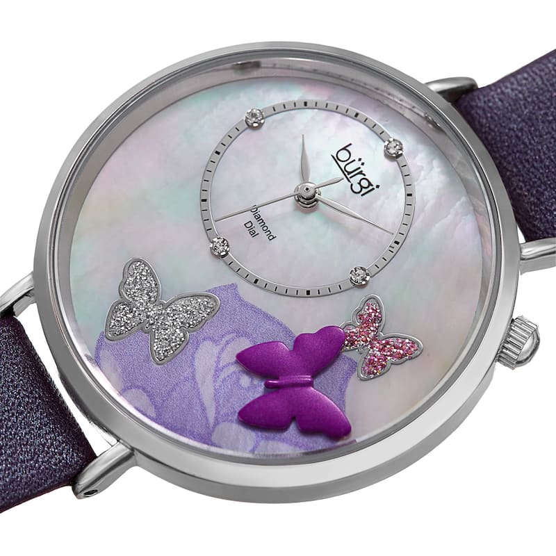 Burgi Women's Quartz Diamond Leather Purple Strap Watch