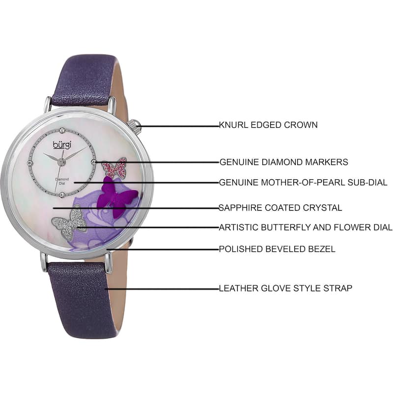 Burgi Women's Quartz Diamond Leather Purple Strap Watch