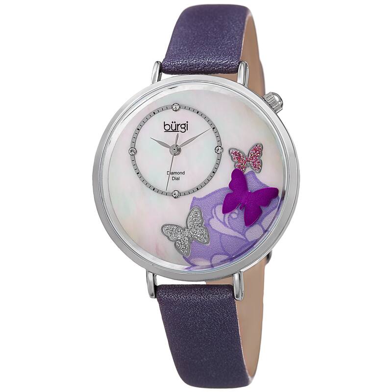 Burgi Women's Quartz Diamond Leather Purple Strap Watch