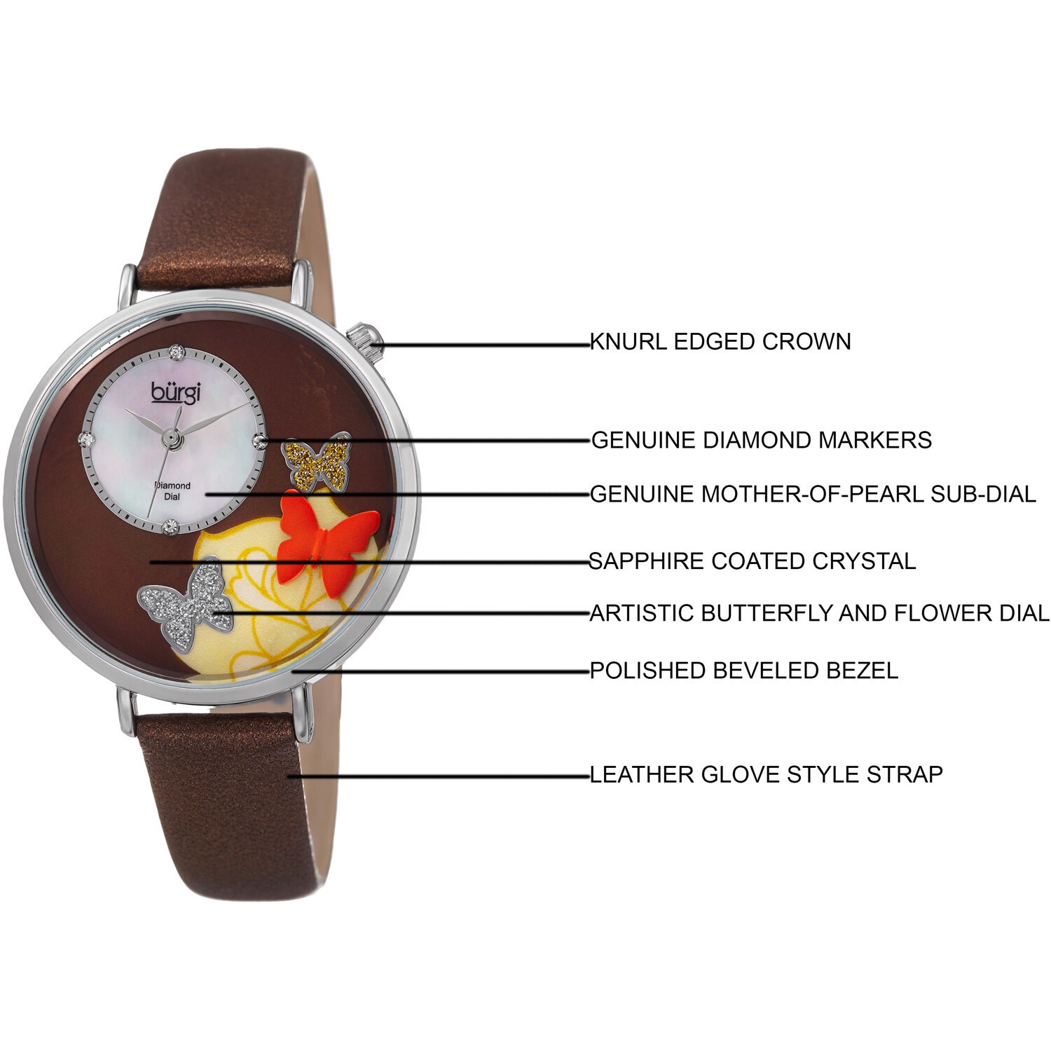 Burgi Quartz Movement women\'s watch with brown genuine leather band. Burgi Women main image 3