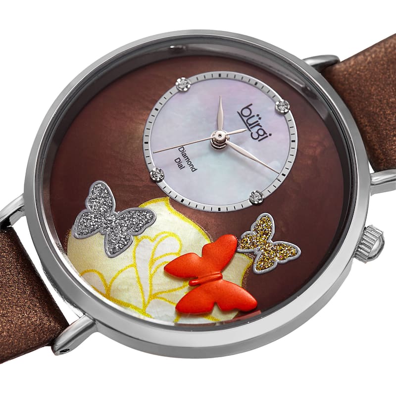 Burgi Women's Quartz Diamond Leather Brown Strap Watch