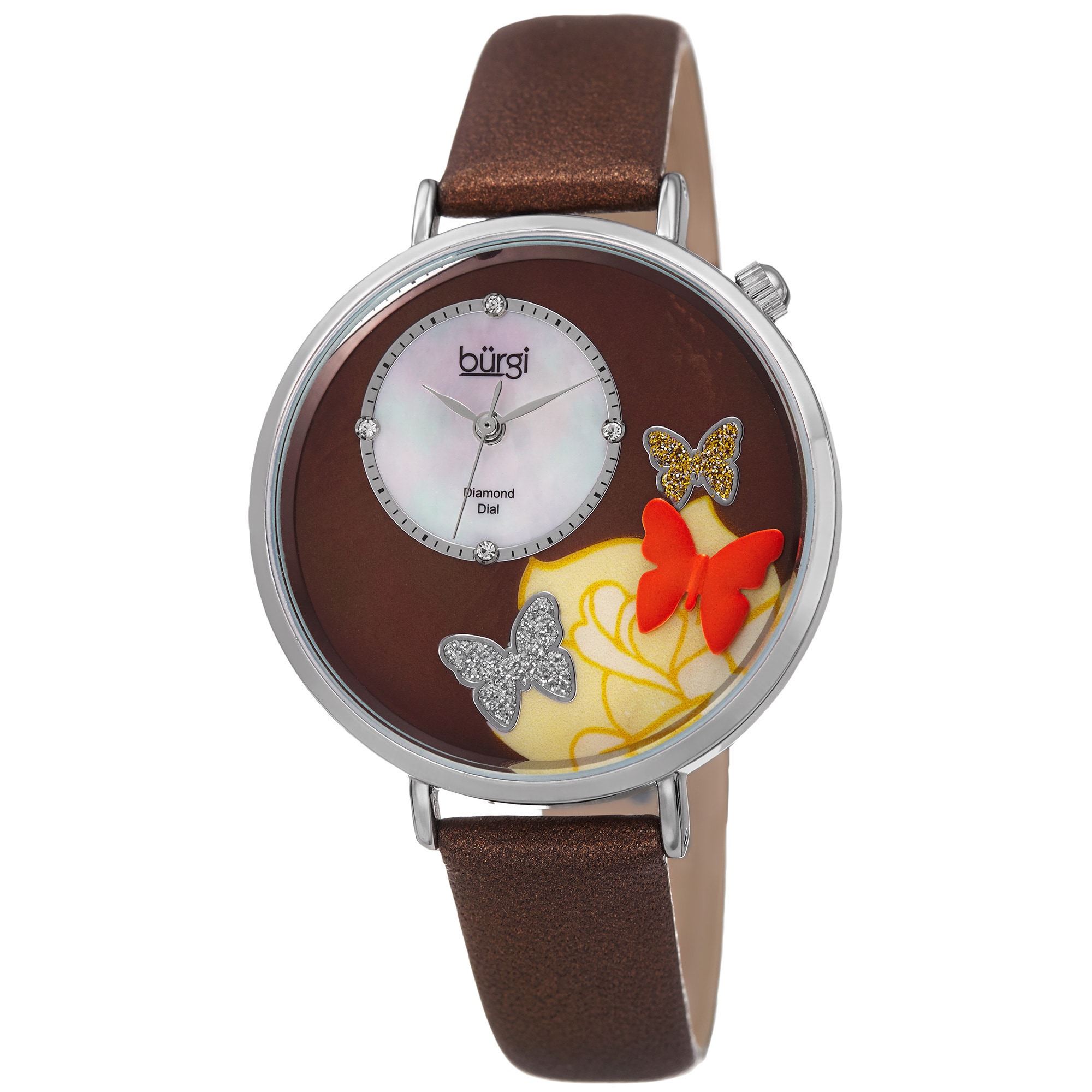 Burgi Women's Quartz Diamond Leather Brown Strap Watch