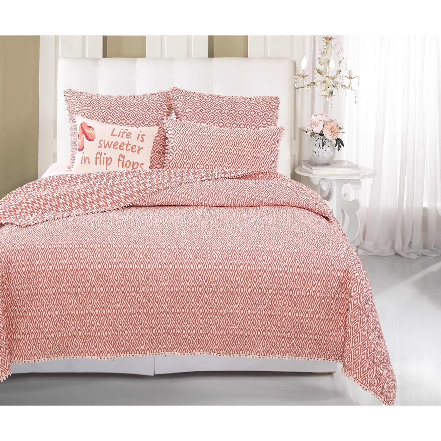 coral and gray twin bedding