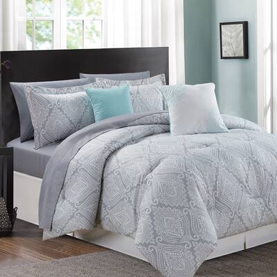 Aileen Aqua Printed 9-piece Bed in a Bag Comforter Set