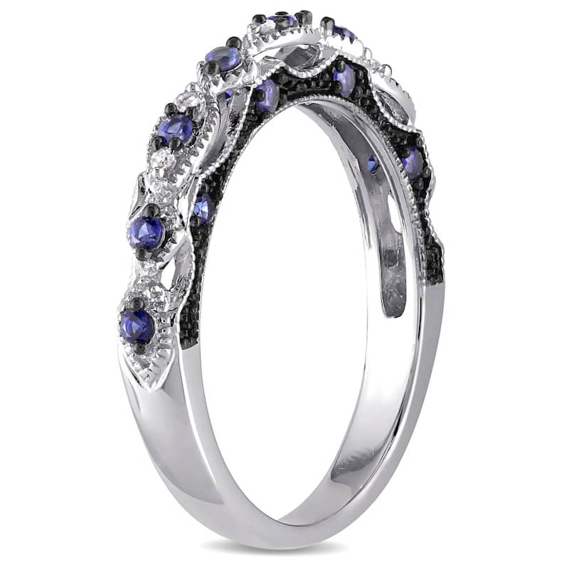 Miadora 10k White Gold Created Blue Sapphire and Diamond Accent Vintage Anniversary Ring
