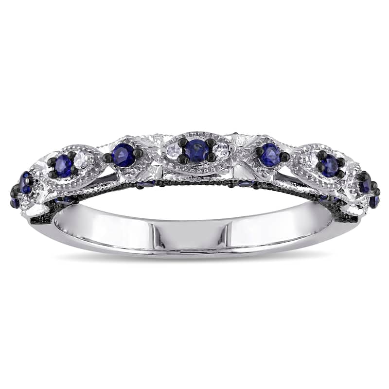 Miadora 10k White Gold Created Blue Sapphire and Diamond Accent Vintage Anniversary Ring - 4.5