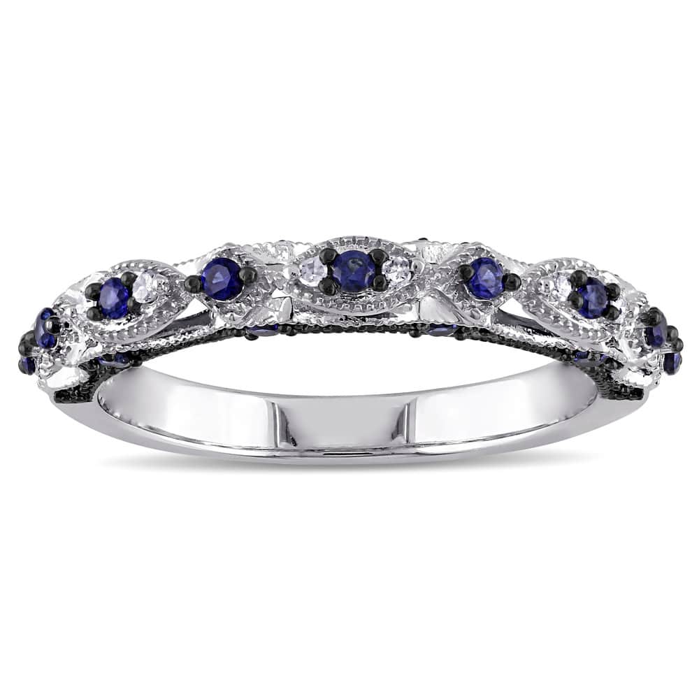 Miadora 10k White Gold Created Blue Sapphire and Diamond Accent Vintage Anniversary Ring