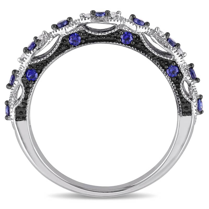 Miadora 10k White Gold Created Blue Sapphire and Diamond Accent Vintage Anniversary Ring