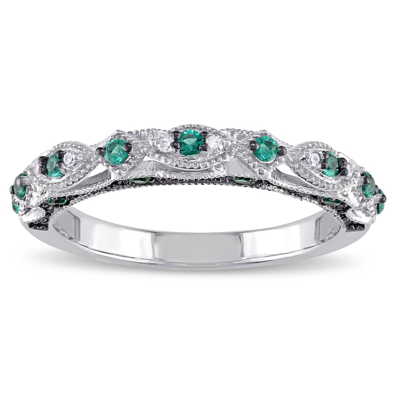 Miadora 10k White Gold Created Emerald and Diamond Accent Vintage Anniversary Ring - Green - 4