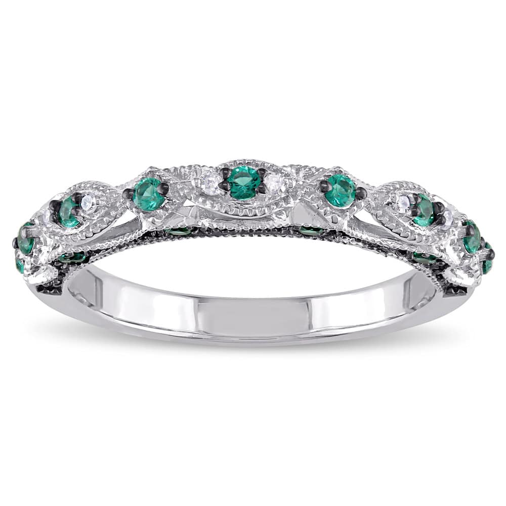 Miadora 10k White Gold Created Emerald and Diamond Accent Vintage Anniversary Ring - Green