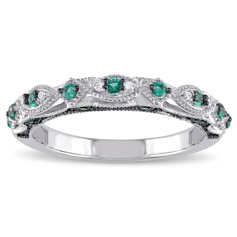 Miadora 10k White Gold Created Emerald and Diamond Accent Vintage Anniversary Ring - Green