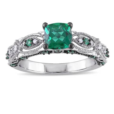 Miadora 10k White Gold Cushion-cut Created Emerald and Diamond Accent Vintage Engagement Ring