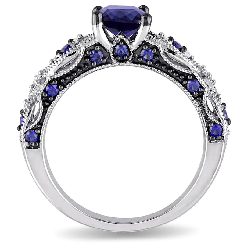 Cushion-cut Created Blue Sapphire and Diamond Vintage Infinity Engagement Ring in 10k White Gold by Miadora