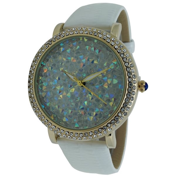Women's Jumbo Two Row CZ Gold Bezel Glitter Dial Watch with Faux Leather Band