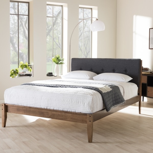 Mid Century Fabric and Wood Platform Bed by Baxton Studio On