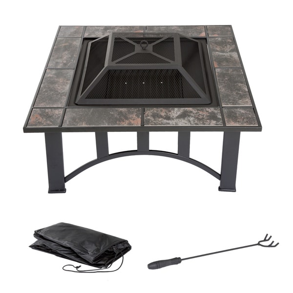 Wood Burning 33-inch Square Marble Tile Firepit Set with Spark Screen, Cover, and Log Poker by Pure Garden