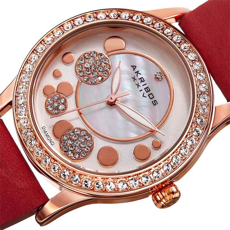 Akribos XXIV Women's Quartz Diamond Leather Red Strap Watch