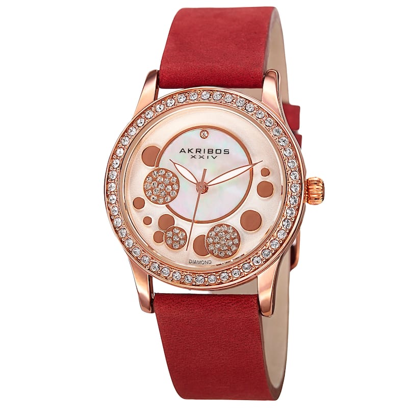 Akribos XXIV Women's Quartz Diamond Leather Red Strap Watch